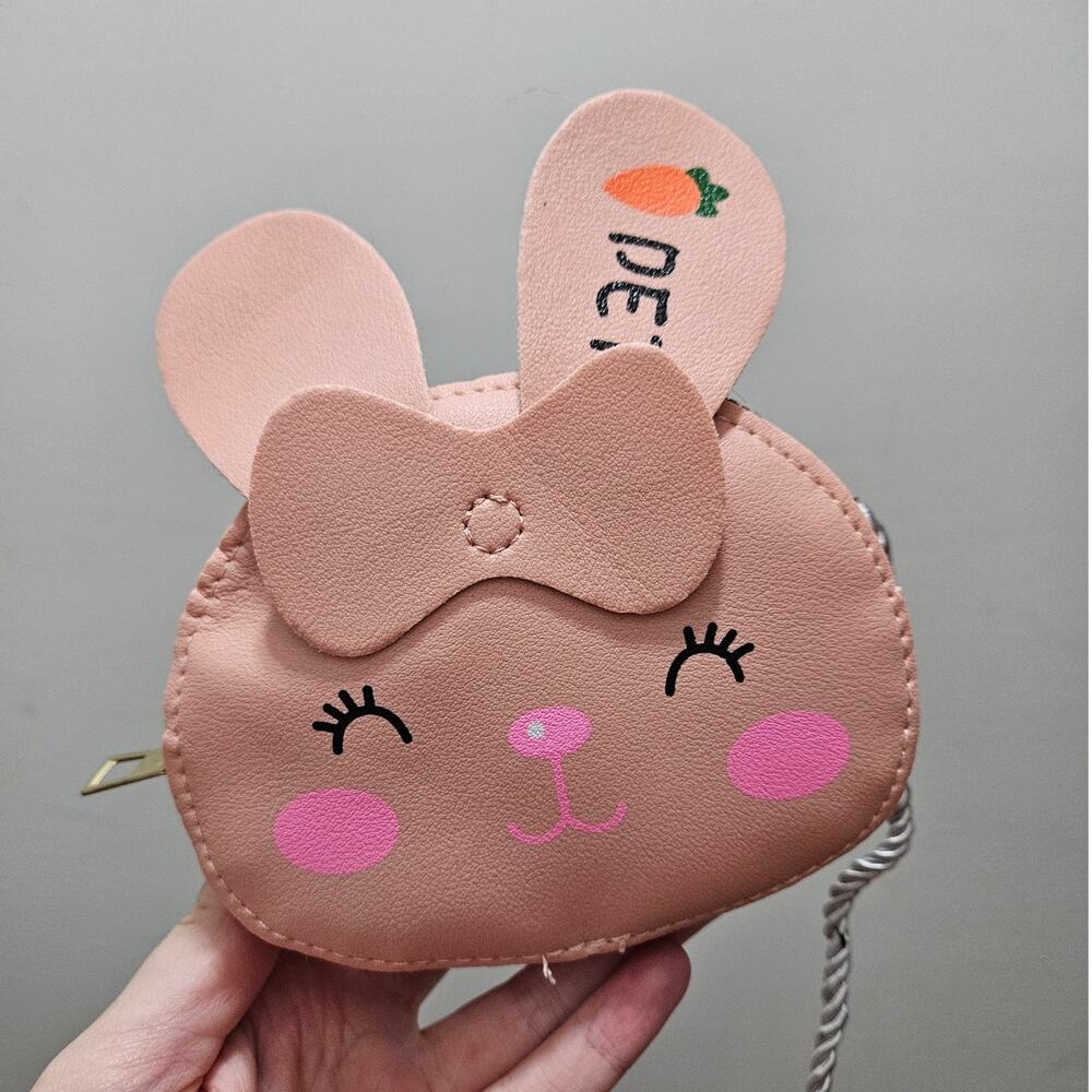 Boutique Girls Pink Faux Leather Crossbody Purse w/ Rabbit Bunny Face and Bow